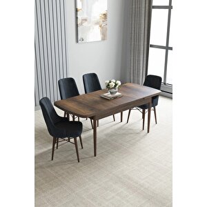 Loft Barok Desen 80x132 Açılabilir Mdf Masa Yemek Odası Takımı, Mutfak Takımı 4 Adet Sandalye Antrasit