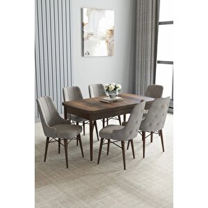 Loft Barok Desen 80x132 Açılabilir Mdf Masa Yemek Odası Takımı, Mutfak Takımı 6 Sandalye Gri
