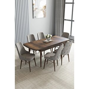 Loft Barok Desen 80x132 Açılabilir Mdf Masa Yemek Odası Takımı, Mutfak Takımı 6 Sandalye Gri