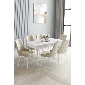 Loft Beyaz 80x132 Açılabilir Mdf Masa Yemek Odası Takımı, Mutfak Takımı 6 Sandalye Krem