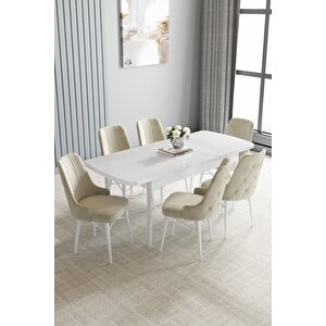 Loft Beyaz 80x132 Açılabilir Mdf Masa Yemek Odası Takımı, Mutfak Takımı 6 Sandalye Krem