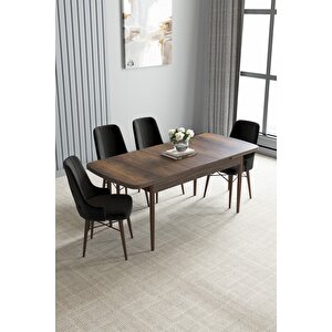 Loft Barok Desen 80x132 Açılabilir Mdf Masa Yemek Odası Takımı, Mutfak Takımı 4 Adet Sandalye Siyah