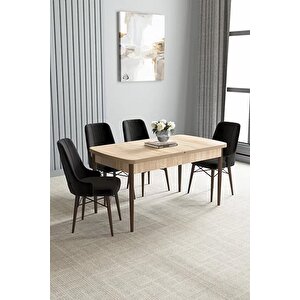 Loft Meşe Desen 80x132 Açılabilir Mdf Masa Yemek Odası Takımı, Mutfak Takımı 4 Adet Sandalye Siyah