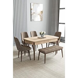 Loft Meşe Desen 80x132 Açılabilir Mdf Masa Yemek Odası Takımı, Mutfak Takımı 4 Sandalye, 1 Bench Cappuccino