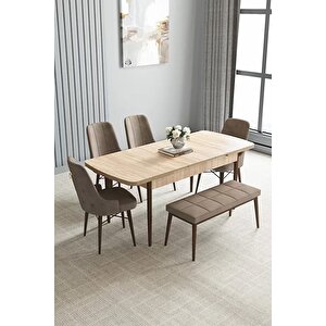 Loft Meşe Desen 80x132 Açılabilir Mdf Masa Yemek Odası Takımı, Mutfak Takımı 4 Sandalye, 1 Bench Cappuccino