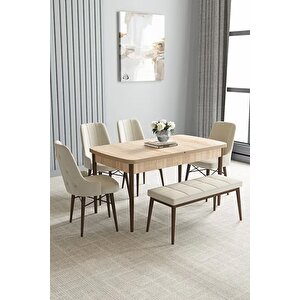 Loft Meşe Desen 80x132 Açılabilir Mdf Masa Yemek Odası Takımı, Mutfak Takımı 4 Sandalye, 1 Bench Krem