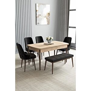 Loft Meşe Desen 80x132 Açılabilir Mdf Masa Yemek Odası Takımı, Mutfak Takımı 4 Sandalye, 1 Bench Krem