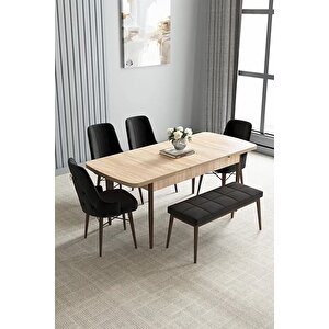 Loft Meşe Desen 80x132 Açılabilir Mdf Masa Yemek Odası Takımı, Mutfak Takımı 4 Sandalye, 1 Bench Krem