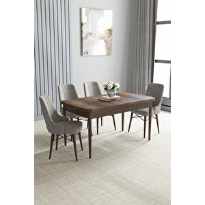 Loft Barok Desen 80x132 Açılabilir Mdf Masa Yemek Odası Takımı, Mutfak Takımı 4 Adet Sandalye Gri