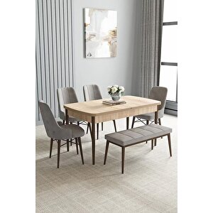Loft Meşe Desen 80x132 Açılabilir Mdf Masa Yemek Odası Takımı, Mutfak Takımı 4 Sandalye, 1 Bench Gri