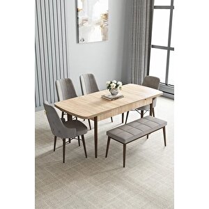 Loft Meşe Desen 80x132 Açılabilir Mdf Masa Yemek Odası Takımı, Mutfak Takımı 4 Sandalye, 1 Bench Gri