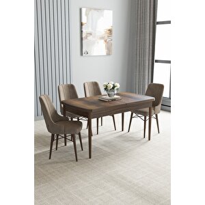 Loft Barok Desen 80x132 Açılabilir Mdf Masa Yemek Odası Takımı, Mutfak Takımı 4 Adet Sandalye Cappuccino