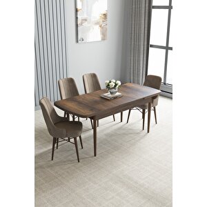 Loft Barok Desen 80x132 Açılabilir Mdf Masa Yemek Odası Takımı, Mutfak Takımı 4 Adet Sandalye Cappuccino