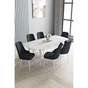 Loft Beyaz 80x132 Açılabilir Mdf Masa Yemek Odası Takımı, Mutfak Takımı 6 Sandalye Antrasit