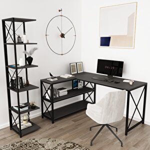 Flexy L Masa- Logan 5 Kitaplık Set Siyah Antrasit