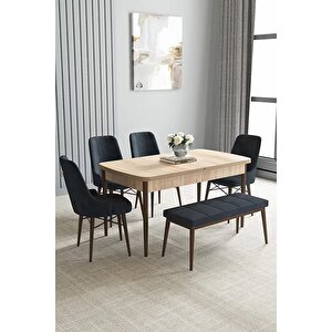 Loft Meşe Desen 80x132 Açılabilir Mdf Masa Yemek Odası Takımı, Mutfak Takımı 4 Sandalye, 1 Bench Antrasit