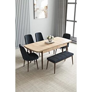 Loft Meşe Desen 80x132 Açılabilir Mdf Masa Yemek Odası Takımı, Mutfak Takımı 4 Sandalye, 1 Bench Antrasit