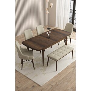 Loft Barok Desen 80x132 Açılabilir Mdf Masa Yemek Odası Takımı, Mutfak Takımı 4 Sandalye, 1 Bench Krem