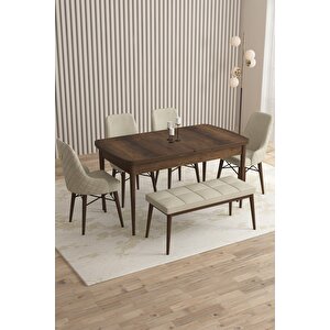 Loft Barok Desen 80x132 Açılabilir Mdf Masa Yemek Odası Takımı, Mutfak Takımı 4 Sandalye, 1 Bench Krem