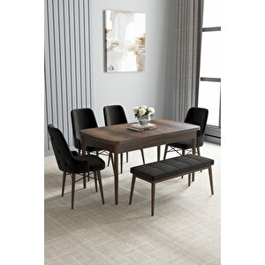 Loft Barok Desen 80x132 Açılabilir Mdf Masa Yemek Odası Takımı, Mutfak Takımı 4 Sandalye, 1 Bench Siyah