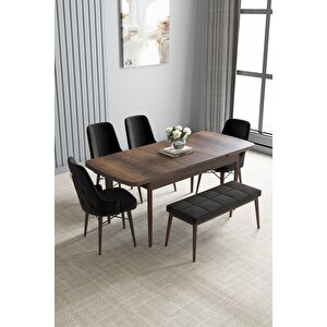 Loft Barok Desen 80x132 Açılabilir Mdf Masa Yemek Odası Takımı, Mutfak Takımı 4 Sandalye, 1 Bench Siyah