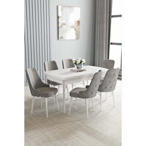 Loft Beyaz 80x132 Açılabilir Mdf Masa Yemek Odası Takımı, Mutfak Takımı 6 Sandalye Gri