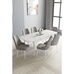 Loft Beyaz 80x132 Açılabilir Mdf Masa Yemek Odası Takımı, Mutfak Takımı 6 Sandalye Gri