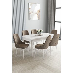 Loft Beyaz 80x132 Açılabilir Mdf Masa Yemek Odası Takımı, Mutfak Takımı 6 Sandalye Cappuccino