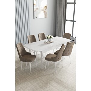 Loft Beyaz 80x132 Açılabilir Mdf Masa Yemek Odası Takımı, Mutfak Takımı 6 Sandalye Cappuccino