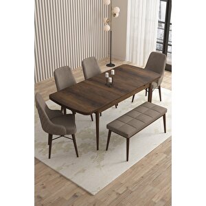 Loft Barok Desen 80x132 Açılabilir Mdf Masa Yemek Odası Takımı, Mutfak Takımı 4 Sandalye, 1 Bench Cappuccino