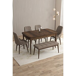 Loft Barok Desen 80x132 Açılabilir Mdf Masa Yemek Odası Takımı, Mutfak Takımı 4 Sandalye, 1 Bench Cappuccino