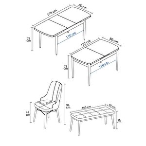 Loft Barok Desen 80x132 Açılabilir Mdf Masa Yemek Odası Takımı, Mutfak Takımı 4 Sandalye, 1 Bench