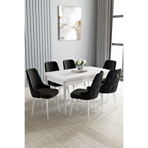 Loft Beyaz 80x132 Açılabilir Mdf Masa Yemek Odası Takımı, Mutfak Takımı 6 Sandalye Siyah
