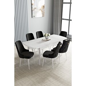 Loft Beyaz 80x132 Açılabilir Mdf Masa Yemek Odası Takımı, Mutfak Takımı 6 Sandalye Siyah