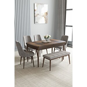 Loft Barok Desen 80x132 Açılabilir Mdf Masa Yemek Odası Takımı, Mutfak Takımı 4 Sandalye, 1 Bench Gri