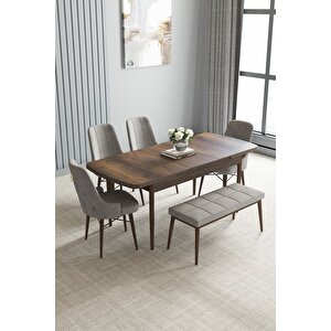 Loft Barok Desen 80x132 Açılabilir Mdf Masa Yemek Odası Takımı, Mutfak Takımı 4 Sandalye, 1 Bench Gri