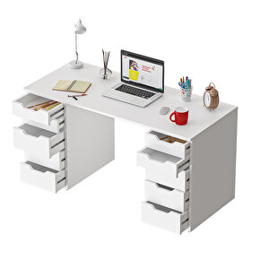 Dekorex Mentora Serisi 140 Cm. Beyaz 10 Çekmeceli Masa Ve 6 Raflı Kitaplıklı Çalışma Grubu Tkm113-beyaz