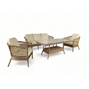 Monalin Home Garden Miami 5 Kişilik(3-1-1-masa) Rattan Örgü Bahçe & Balkon & Teras Oturma Grubu Minderli & Camlı & Masalı Takımı