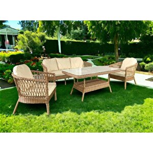Monalin Home Garden Miami 5 Kişilik(3-1-1-masa) Rattan Örgü Bahçe & Balkon & Teras Oturma Grubu Minderli & Camlı & Masalı Takımı