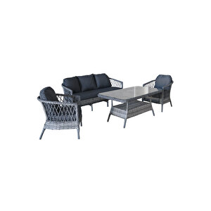 Monalin Home Garden Miami 5 Kişilik(3-1-1-masa) Rattan Örgü Bahçe & Balkon & Teras Oturma Grubu Minderli & Camlı & Masalı Takım