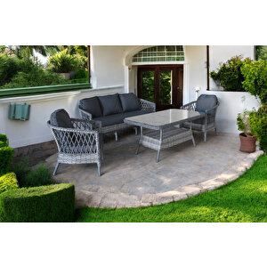 Monalin Home Garden Miami 5 Kişilik(3-1-1-masa) Rattan Örgü Bahçe & Balkon & Teras Oturma Grubu Minderli & Camlı & Masalı Takım