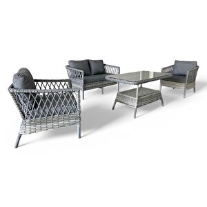 Monali̇n Mobi̇lya Loft Gri 4 Kişilik(2-1-1-masa) Rattan Örgü Bahçe & Balkon & Teras Oturma Grubu Minderli & Camlı & Masalı Takım