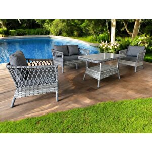 Monali̇n Mobi̇lya Loft Gri 4 Kişilik(2-1-1-masa) Rattan Örgü Bahçe & Balkon & Teras Oturma Grubu Minderli & Camlı & Masalı Takım