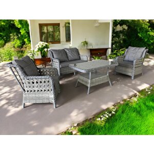 Monali̇n Mobi̇lya Elite Gri 4 Kişilik(2-1-1-masa) Rattan Örgü Bahçe & Balkon & Teras Oturma Grubu Minderli & Camlı & Masalı Takım