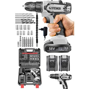 Germany Technology Kupfer Darbeli 58 V 5 Ah Çift Akülü Vidalama Matkap Gri + 24 Parça Set