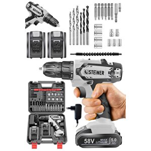 Germany Technology Kupfer Darbeli 58 V 5 Ah Çift Akülü Vidalama Matkap Gri + 24 Parça Set