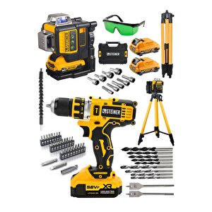 Alman 58 Vf Çift Akülü 12 Köşe Otomatik Hizalamalı Lazer Hizalama + Şarjlı Vidalama Matkap + Tripod