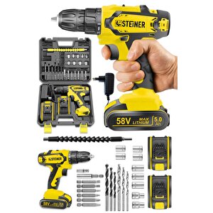 Germany Technology Kupfer Darbeli 58 V 5 Ah Çift Akülü Vidalama Matkap Sarı + 24 Parça Set