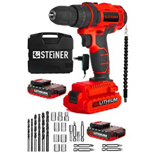 Germany Technology Darbeli 58 V 5 Ah Metal Şanzıman Çift Akü Şarjlı Vidalama Matkap Red Set