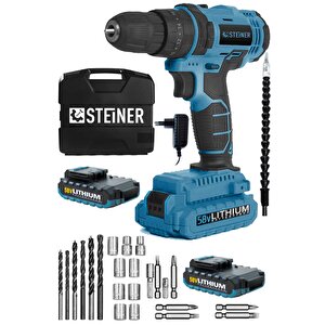 Germany Technology Darbeli 58 V 5 Ah Metal Şanzıman Çift Akü Şarjlı Vidalama Matkap Blue Set